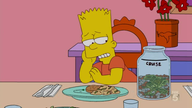 Simpsons - por cada asneira que Bart diz a quantia no jarro das asneiras fica mais próxima de financiar ao cruzeiro familiar  
